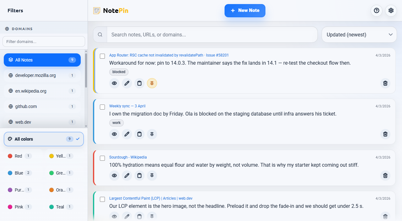 The NotePin board showing the domain and color sidebar beside a list of notes
