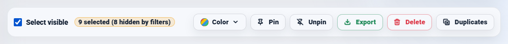 The NotePin bulk action toolbar showing 9 selected with 8 hidden by filters, and the color, pin, unpin, export, delete and duplicates buttons