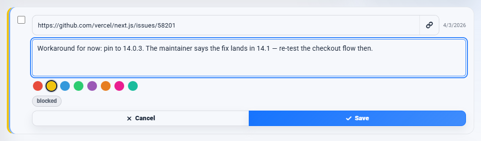 A NotePin note card in inline edit mode with an editable URL, a text area, a color picker and Cancel and Save buttons