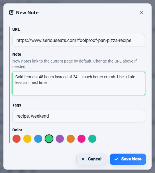The NotePin New Note dialog with a URL, note text, a tags field, and the color picker