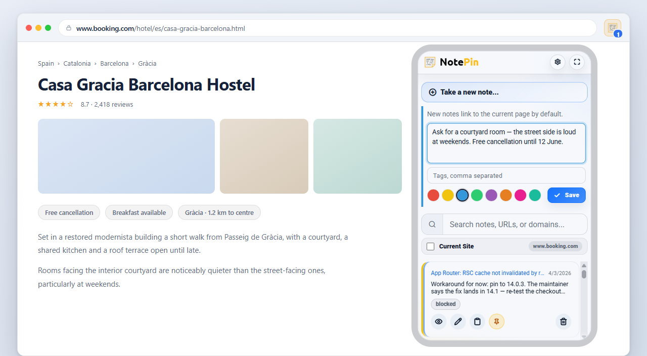 The NotePin popup open beside a web page, with a note being written and saved notes listed below