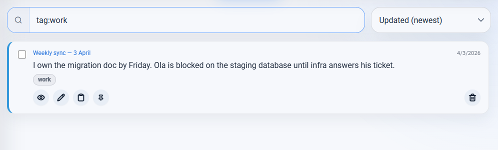The NotePin board search box containing tag:work with a single matching note below it