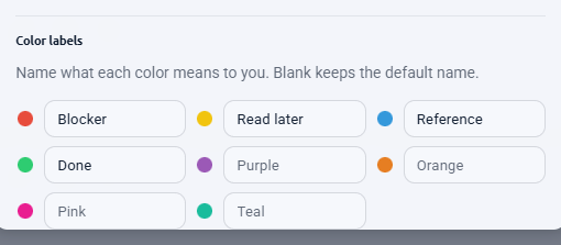 The Color labels section of NotePin settings with four of the eight colors named