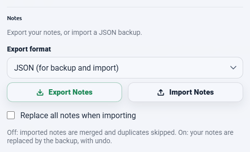 The Notes section of NotePin settings showing the export format selector, Export and Import buttons, and the replace-all checkbox