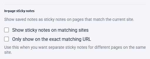 The in-page sticky notes section of NotePin settings with both checkboxes
