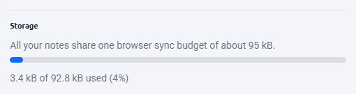 The NotePin storage meter showing a usage bar with kilobytes used out of the total