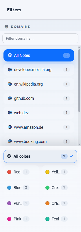 The NotePin board sidebar showing the domain list with counts and the color filter grid
