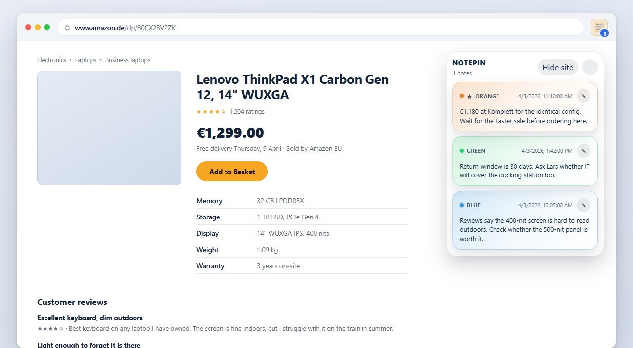 Three NotePin sticky notes floating on a product page, showing price, screen, and return window notes
