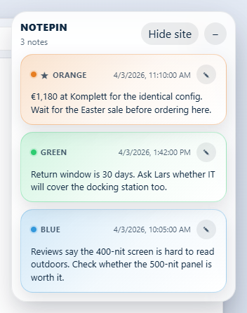 The NotePin sticky note panel showing three notes with color labels, dates, and edit buttons