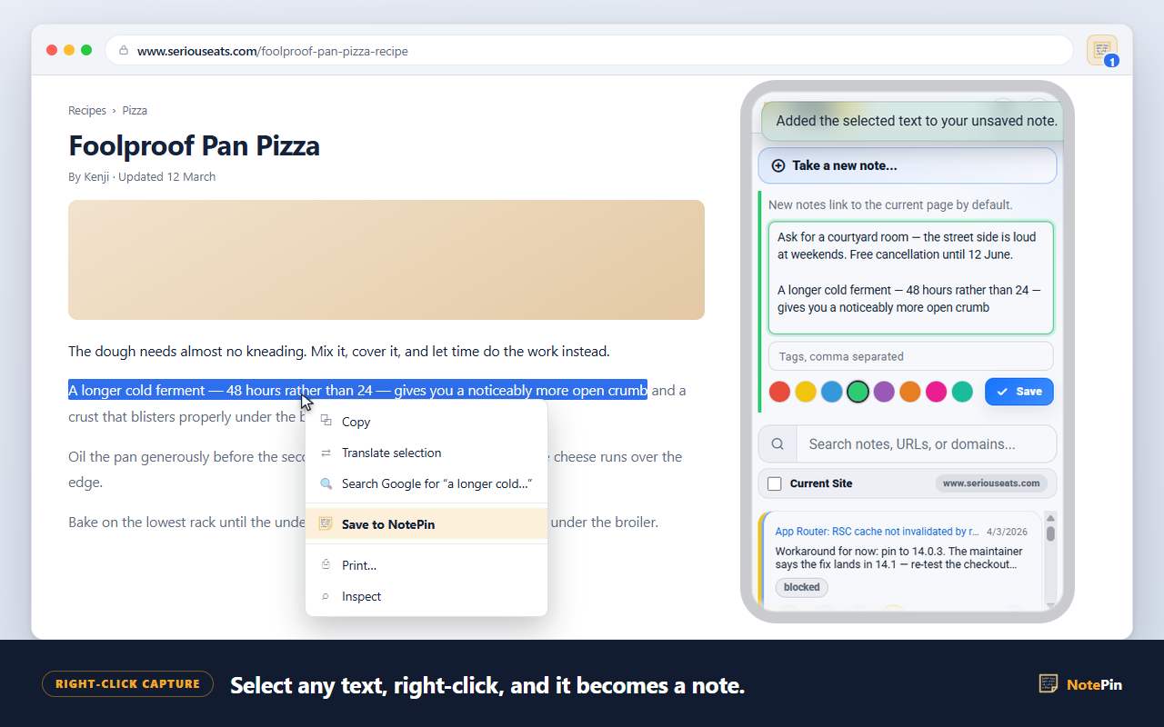 Selected text on a web page with the right-click menu open on Save to NotePin, and the quote already staged in the NotePin popup