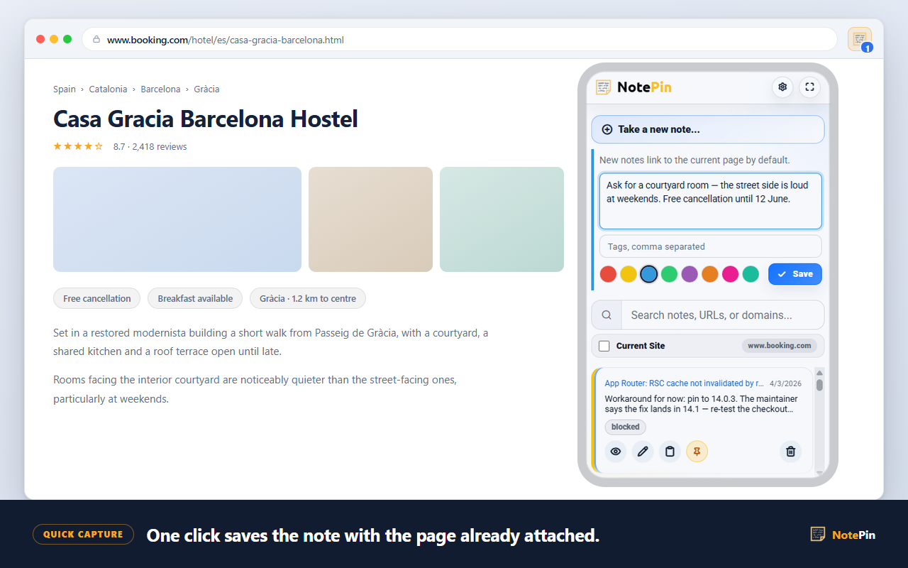 NotePin popup open over a web page, showing saved notes with page titles and tags
