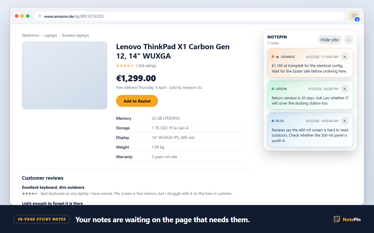 NotePin in-page sticky notes overlay showing three saved notes on a product page